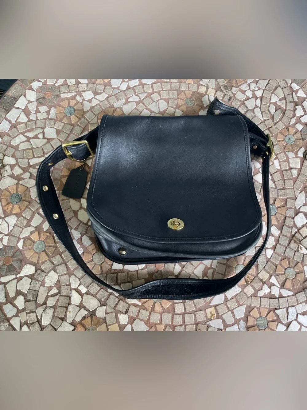 Black Leather Crossbody Saddle Bag with Gold Hardware